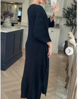 Full Length Pleated maxi dress with cap sleeves in black