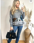 Multi color faux fur hem with denim pockets design jumper