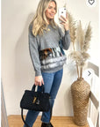 Multi color faux fur hem with denim pockets design jumper