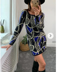 Knitted Bodycon Dress with Metallic Gold/Blue Abstract Print