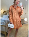 Oversized long shirt dress in textured jacquard design fabric orange color