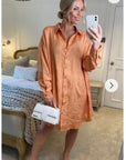 Oversized long shirt dress in textured jacquard design fabric orange color