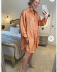 Oversized long shirt dress in textured jacquard design fabric orange color