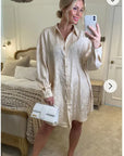 Oversized long shirt dress in textured jacquard design fabric beige color
