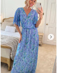 Floral Print Chiffon Wrap Maxi Dress (Blue Floral)