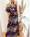 Floral Print Chiffon Wrap Maxi Dress (Purple Leopard)