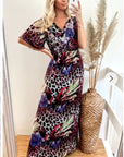 Floral Print Chiffon Wrap Maxi Dress (Purple Leopard)