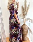 Floral Print Chiffon Wrap Maxi Dress (Purple Leopard)