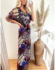 Floral Print Chiffon Wrap Maxi Dress (Purple Leopard)