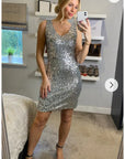 Plain color sequin V neck dress (Sliver）