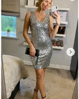 Plain color sequin V neck dress (Sliver）