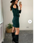 Cold Shoulder Frill Knitted Dress (Green)