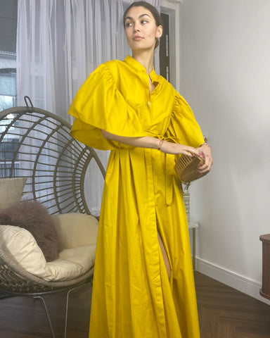 Cotton blend oversized shirt dress with ruffle sleeves design in yellow