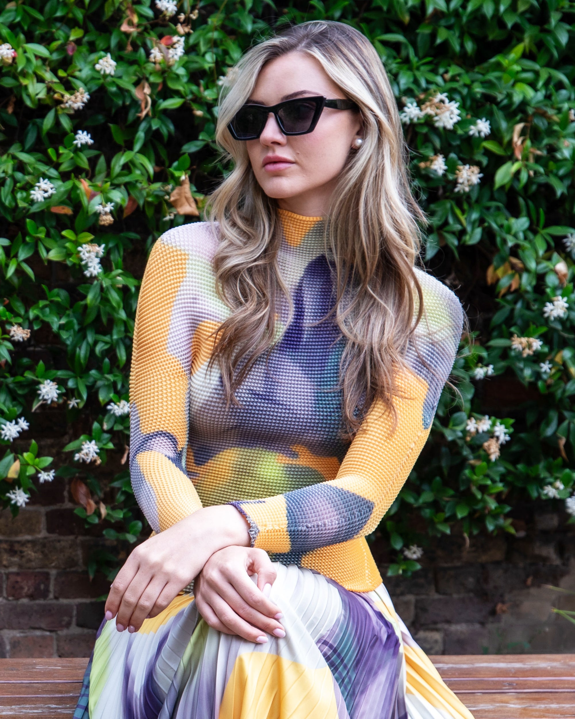 Floral Print Full Pleated Printed Top And Midi Skirt In Yellow