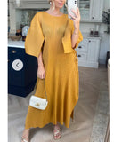 Full Length Pleated maxi dress with cap sleeves in Yellow