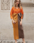 Orange color blocking Print Pleated Dress in Kimono sleeves