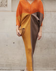 Orange color blocking Print Pleated Dress in Kimono sleeves