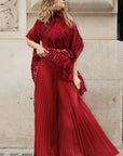 Full pleated Printed top and wide-leg trousers in Red
