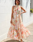 Multi floral print Organza feeling Halter neck maxi dress in Red
