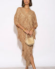 Layers Multi Fringed Tassel Pleated Midi Dress in Mocca