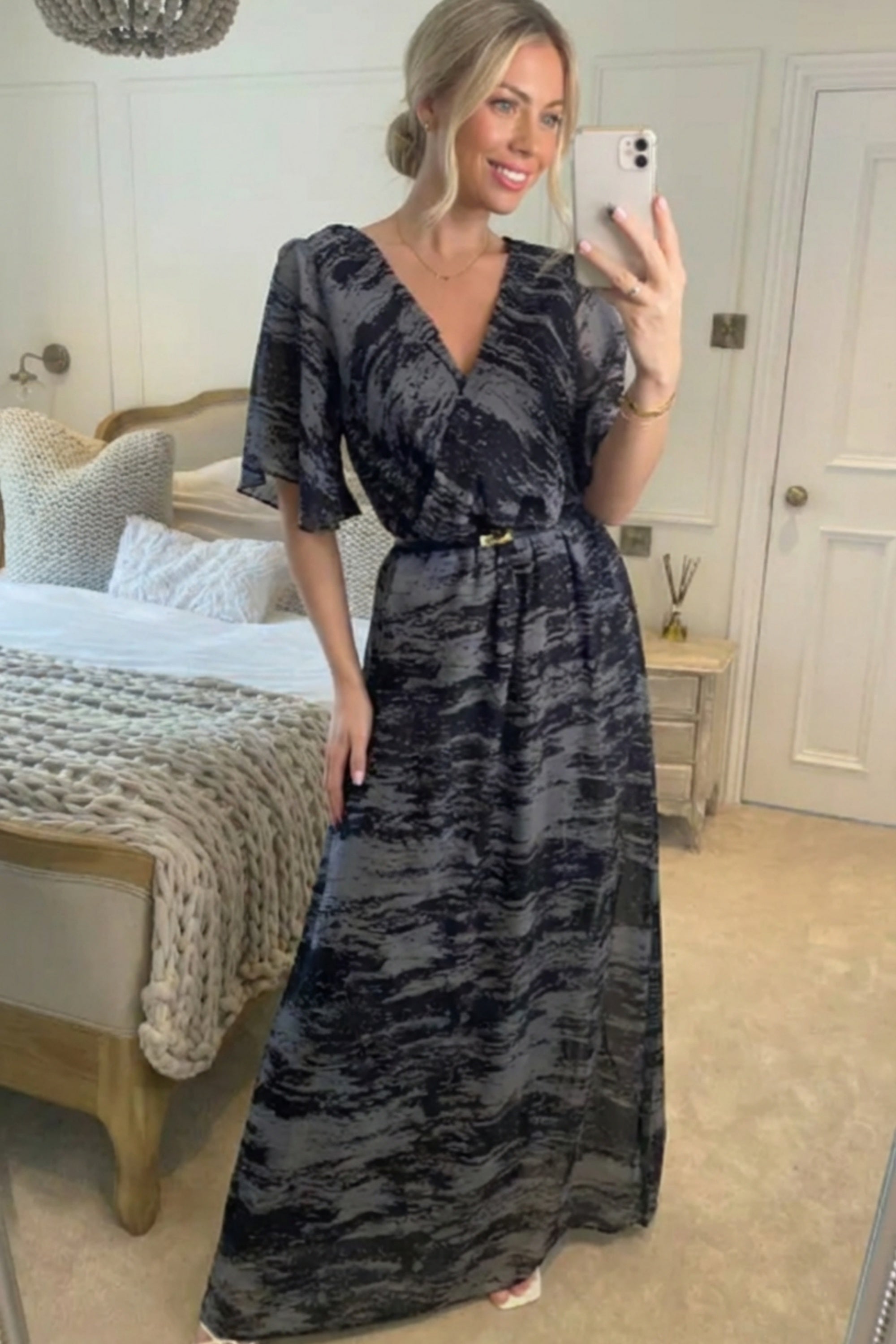 Floral Print Chiffon Wrap Maxi Dress (Black/grey print )