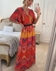 Floral Print Chiffon Wrap Maxi Dress (Red Print)