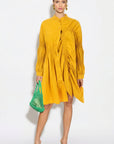 Asymmetry with Elasticated design cotton blend shirt dress in yellow