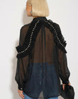 Pleated ruffles with multi dimoned stone embellished sleeves design organza shirt in black