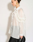 Pleated ruffles with multi dimoned stone embellished sleeves design organza shirt in white