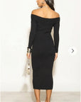 Soft Knit off the shoulder neckline long sleeves bodycon dress in black