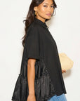 Oversized Short Sleeve Shirt with Frill Detail on Sides in Black