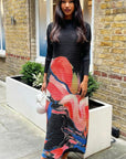 Floral Print Pleated Dress in three quarter sleeves in Black