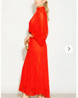 Pleated long dress with organza pleated cape sleeves in Red
