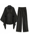 Cape-Sleeve Shirt & Wide-Leg Trouser Co-Ord In Black