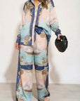 Ocean Treasure Print Shirt & Wide-Leg Trousers Suits In Blue