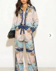 Ocean Treasure Print Shirt & Wide-Leg Trousers Suits In Blue