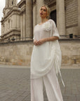 Pleated Wide-Leg Trousers with Adjustable Draped Top Set in White