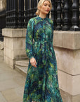 Green blue leaves Scarf print Full pleated long Shirt dress