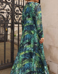 Green blue leaves Scarf print Full pleated long Shirt dress