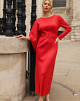 Pleated Maxi Dress with Statement Belt In Red