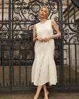 Sculptural Pleated Midi Dress with Structured Panels