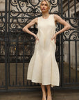 Sculptural Pleated Midi Dress with Structured Panels