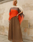 Beige Colour Block Pleated Top and Skirt Co-ords Suits