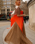 Beige Colour Block Pleated Top and Skirt Co-ords Suits