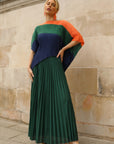 Green Colour Block Pleated Top and Skirt Co-ords Suits
