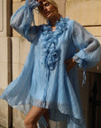 Rose Floral Tie-Neck Oversized Midi Dress In Blue