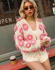 Statement Crochet Flower Cardigan – Cream & Pink