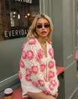 Statement Crochet Flower Cardigan – Cream & Pink