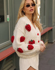 Hand-Knitted Strawberry Appliqué Cardigan