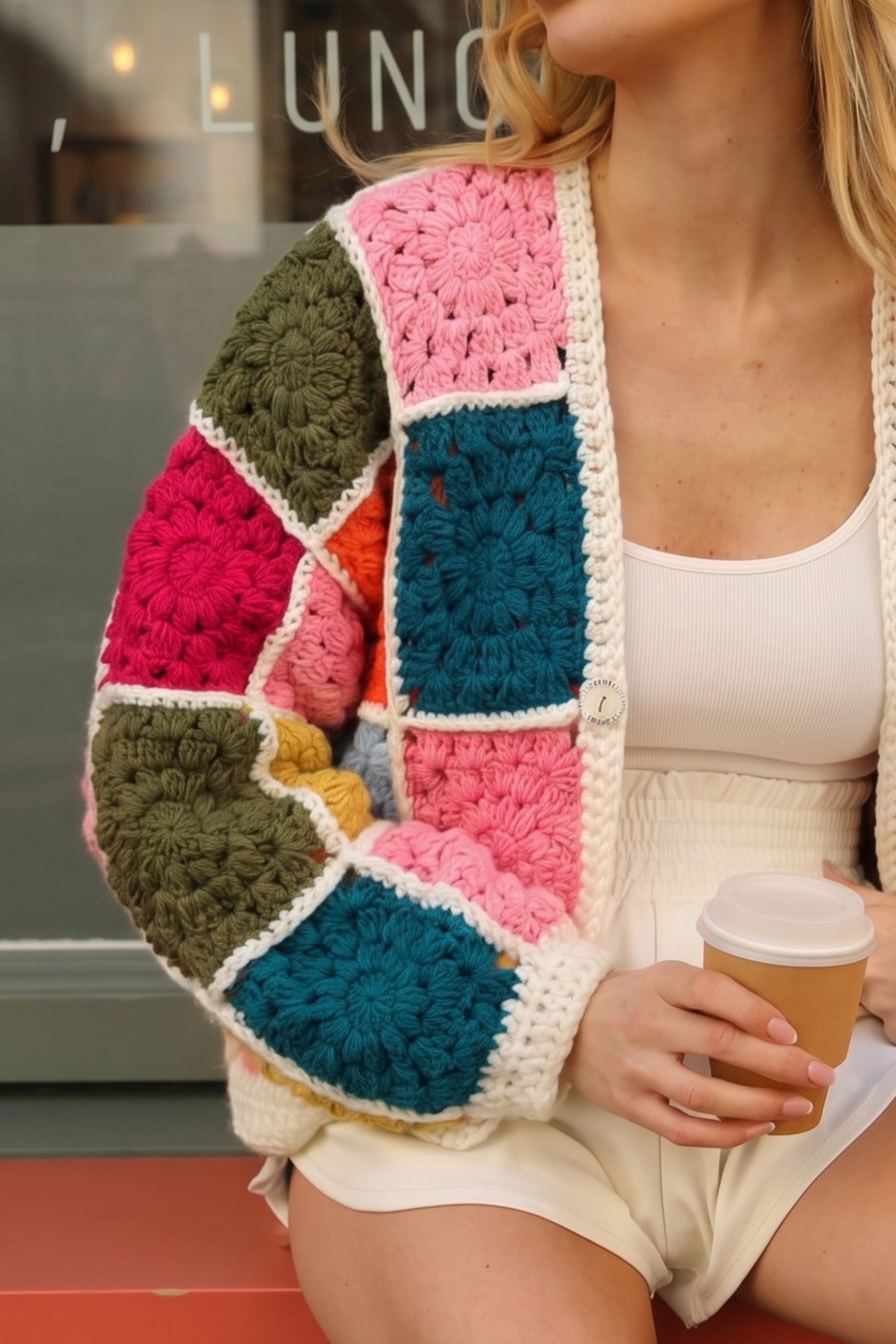 Artisan Hand Knit Patchwork Cardigan in Multi Colour